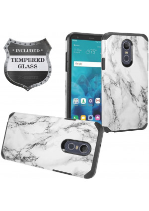 Z-GEN - LG Stylo 4 (2018), Stylo4+ Plus, LM-Q710, LM-L713DL - Hybrid Image Phone Case + Tempered Glass Screen Protector - AD1 White Marble