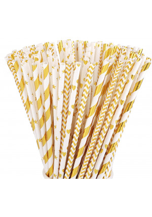ALINK Biodegradable Gold Paper Straws Bulk, Pack of 100 Metallic Foil Striped/Wave/Heart/Star Straws for Birthday, Wedding, Bridal/Baby Shower, Celebrations and Party Supplies