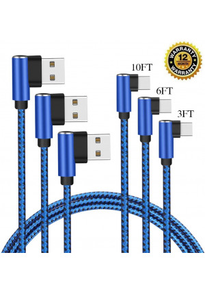 CTREEY Compatible for USB Type C Cable Right Angle, 90 Degree [3 Pack 3ft 6ft 10ft] 2.0 Fast Charger Nylon Braided Cord for Samsung Galaxy S9 S8 Plus Note 9 8,Google Pixel XL,Moto Z Z2,LG V30 G6 G5