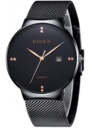 Luxury Men's Fashion Minimalist Wrist Watch Analog Date Ultra Thin Stainless Steel Mesh Band Quartz Watch