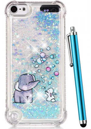CAIYUNL for iPod Touch 6 Case,iPod Touch 5 Case Glitter, Liquid Sparkle Bling Quicksand Clear TPU Protective Cute Kids Girls Cover for Apple iPod Touch 6th Generation/iPod Touch 5th Gen -Blue Elephant