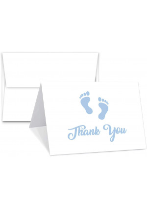 Baby Boy Blue Footprint Thank You Cards With Envelopes - Blank on The Inside - Baby Shower Gifts | 4.25" x 5.5" Inches When folded | Value Pack of 25 Cards and Envelopes