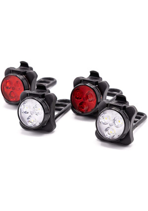 HOOOT 2 Sets USB Rechargeable LED Bike Light, 2 Super Bright Front Bicycle Headlight 2 Back Rear Taillight IPX4 Water Resistant 4 Light Mode Options; 6 straps 4 USB Cables| Get Ultimate Safety and Style