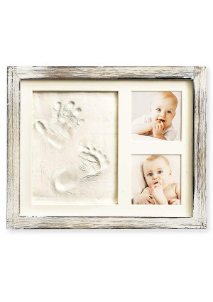 Baby Hand and Footprint Kit in Rustic Farmhouse Frame, a Baby Registry Must Have - Baby Handprint Kit, Baby Footprint Kit, Baby Nursery Decor (Gray)
