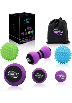 Fitballz Massage Ball Kit for Myofascial Trigger Point Release and Deep Tissue Massage,Set of 6 Premium Myofascial Release Tools, 3 Sizes Foam Balls, 2 Spiky Firm/Soft, Peanut, Carry Bag Included
