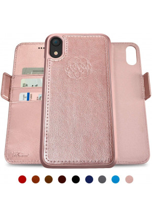 Dreem Fibonacci 2-in-1 Wallet-Case for iPhone XR, Magnetic Detachable Shock-Proof TPU Slim-Case, RFID Protection, 2-Way Stand, Luxury Vegan Leather, GiftBox - Rose-Gold