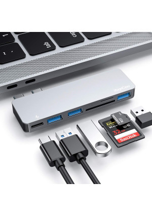 USB C Hub, 6 in 1 Aluminum Type C Hub Adapter, MacBook Pro Accessories with 3 USB 3.0 Ports, TF/SD Card Reader, USB-C Power Delivery for MacBook Pro 13 and 15 2016/2017/2018, MacBook Air 2018 2019