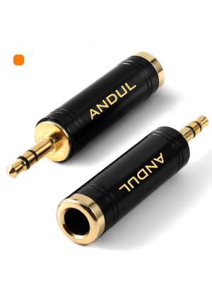 ANDUL 1/4'' to 3.5mm Stereo Pure Copper Headphone Adapter,3.5mm(1/8'') Plug Male to 6.35mm (1/4'') Jack Female Stereo Adapter for Headphone, Amp Adapte, Black 2-Pack