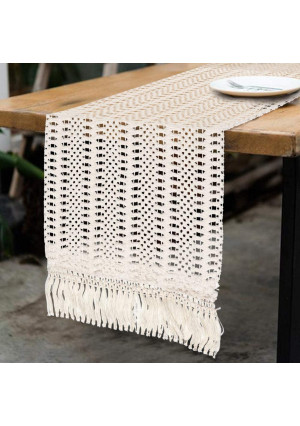 OurWarm Natural Macrame Table Runner Cotton Crochet Lace Boho Wedding Table Runner with Tassels for Bohemian Rustic Wedding Bridal Shower Home Dining Table Decor, 12 x 108 Inch