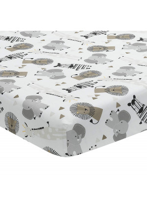 Lambs and Ivy Jungle Safari 100% Cotton White/Gray Elephant/Lion Fitted Crib Sheet