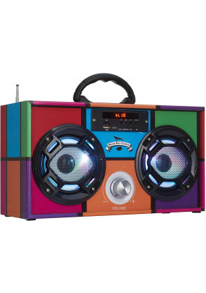 Wireless Express - Mini Boombox with LED Speakers  Retro Bluetooth Speaker w/Enhanced FM Radio - Perfect for Home and Outdoor (Retro Multi)