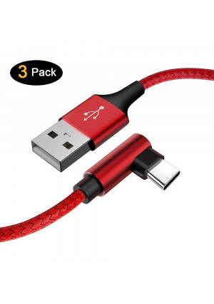 Extra Long Right Angle USB Type C Cable (3 Pack 10FT) Fast Charger USB A to USB C Nylon Braided Cord for Samsung Galaxy S8 S9 S10 Plus Note 9, LG Stylo 4 Q7 G7 ThinQ, MacBook, USB C Devices (Red)