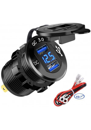 Quick Charge 3.0 Dual USB Car Charger Socket 12V/24V 36W QC3.0 Dual USB Fast Charger Aluminum Socket Power Outlet with LED Voltmeter for Marine, Boat, Motorcycle, Truck, Golf Cart