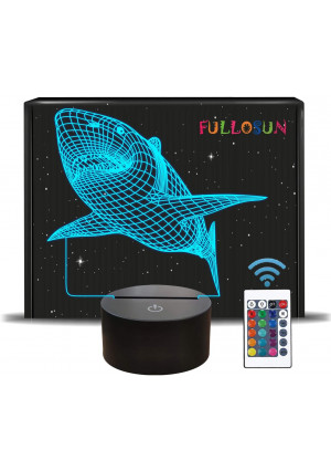 FULLOSUN 3D Illusion Lamp, Shark Night Light with Remote Control Optical Touch 16 Color Changing Desk Lamps Kids Room Decor Festival Birthday Present Gifts for Toddlers Boys Child