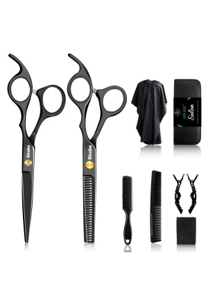 Sirabe 10 Pcs Hair Cutting Scissors Set, Professional Haircut Scissors Kit with Cutting Scissors,Thinning Scissors, Comb,Cape, Clips, Black Hairdressing Shears Set for Barber, Salon, Home