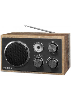 Victrola Wooden Desktop FM Radio with Bluetooth, Farmhouse Shiplap Grey