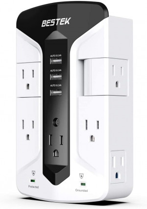 BESTEK 7-Outlet Wall Tap Surge Protector Power Strip with Swivel Outlets, 3 USB Charging Ports, 900 Joule Surge Suppression, Top Phone Holder