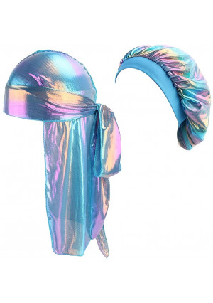 HADM Durag and Bonnet Set with Silky and Durag Long Tail for Women Men 360 Wave Cap, Frizzy Curly Hair, Head Cover