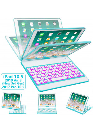iPad Pro 10.5 Keyboard Case 2017/ iPad Air 3 Case with Keyboard 10.5 2019-360 Rotate 7 Color Backlit Wireless Keyboard with Smart Folio Hard Back Cover, Ultra Slim, Auto Sleep/Wake, Tiffany Blue