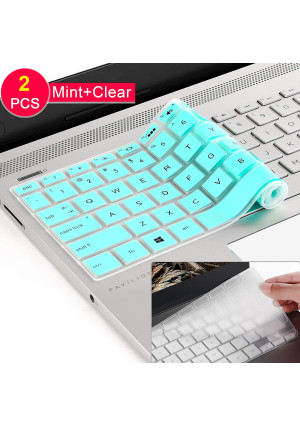 [2 Pcs] Silicone Keyboard Cover Skin for 2019 2018 HP 14 inch Laptop Keyboard Cover/HP Pavilion x360 Keyboard Cover 14M-BA 14M-CD 14-BF 14-BW 14-cm 14-CF Series 14 Inch Protective Skin 2020,Mint+Clear