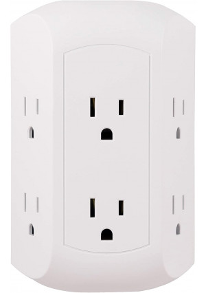 GE Pro 6 Outlet Surge Protector Adapter Spaced Tap, 3-Prong Power Strip, Charging Station, Side Access, White, 43648