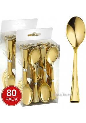 Majestic Settings Mini Collection Disposable Plastic Mini Spoons, Gold Plastic Tasting Spoons, 80 Count, 4 inch Spoons, Great for Desserts, Sampling, or Appetizers