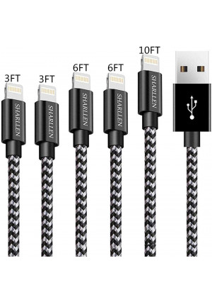 iPhone Charger Cable 3FT/6FT/10FT Lightning Cable SHARLLEN Fast USB iPhone Charging Cable Long Nylon Braided Cord Data Wire Compatible iPhone 11/XS/Max/XR/X/8/8Plus/7/7P/6/6 P/6S/iPad 5Pack (Black)