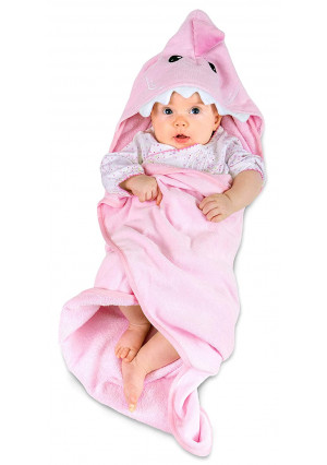Hudz Kidz Hooded Baby Shark Towel, Soft 100% Cotton, Perfect for Newborn Through Toddler (Pink)