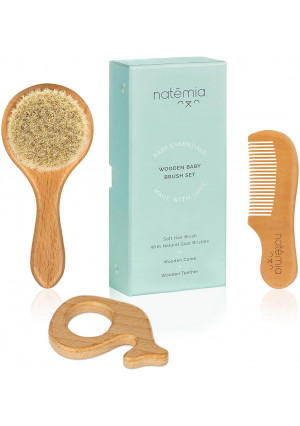 Natemia Wooden Baby Hair Brush and Teether Set for Newborns and Toddlers - Ideal for Cradle Cap