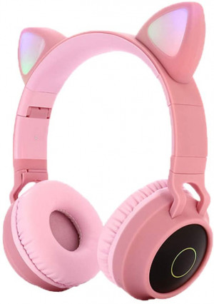 Kids Bluetooth 5.0 Cat Ear Headphones Foldable On-Ear Stereo Wireless Headset with Mic LED Light and Volume Control Support FM Radio/TF Card/Aux in Compatible with Smartphones PC Tablet (Pink)
