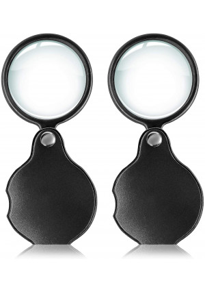 Wapodeai 2pcs 10x Small Pocket Magnify Glass Premium Folding Mini Magnifying Glass with Rotating Protective Leather Sheath, Apply to Reading, Science, Jewelry, Hobbies, Books, 1.96in