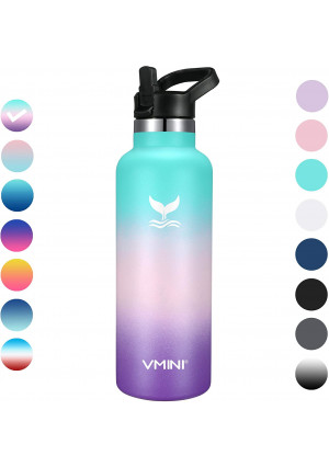 Vmini Water Bottle - Standard Mouth Stainless Steel and Vacuum Insulated Bottle, New Straw Lid with Wide Handle, Gradient Mint+Pink+Purple and 22 oz