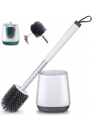 POPTEN Toilet Brush and Holder Set for Bathroom with Aluminum Handle and Soft Silicone Bristle Sturdy Cleaning Toilet Bowl Brush Set Cleaner for Bathroom Storage and Organization  White
