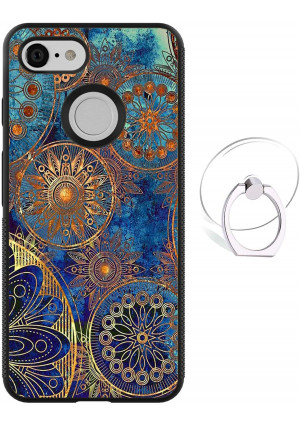 Dynippy Compatible Google Pixel 3 Case Non-Slip Shockproof Protection Plastic Silicone Rubber Hybrid Protective with Transparent Phone Ring Holder - Art Mandala