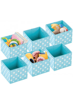 mDesign Soft Fabric Polka Dot Dresser Drawer and Closet Storage Organizer, Bin for Child/Kids Room, Nursery, Playroom, Bedroom, 6 Pack - Turquoise Blue/White