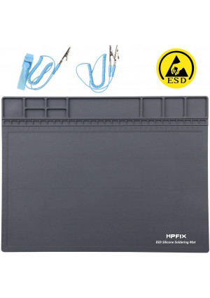 Anti-Static Mat ESD Safe for Electronic Includes ESD Wristband and Grounding Wire, HPFIX Silicone Soldering Repair Mat 932F Heat Resistant for iPhone iPad iMac, Laptop, Computer, 15.9 x 12 Grey