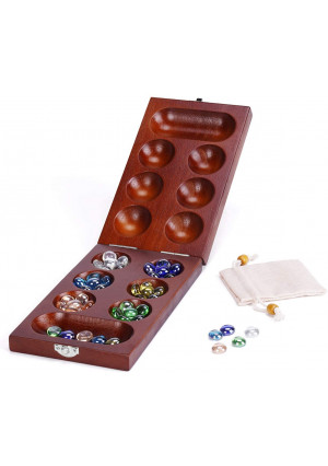 ROPODA Mancala Board Game Set with Folding Rubber Wood Board and 48+5 Multi Color Glass Stones and Stone Storage Bag - Marble Game for Daily Life, Party, Festival  Portable for Kids and Adults