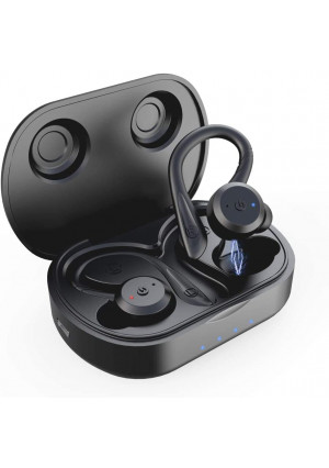 Sport Ergonomic Design Headphones APEKX True Wireless Bluetooth 5.0 Sports Earbuds, IPX7 Waterproof Stereo Sound, Built-in Mic Earphones,Supporting Wireless Charging(Black)