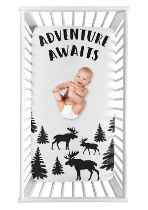 Sweet Jojo Designs Woodland Moose Boy Fitted Crib Sheet Baby or Toddler Bed Nursery Photo Op - Black and White Adventure Awaits Rustic Patch