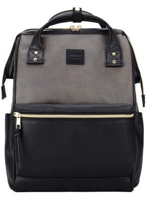 KahandKee Leather Backpack Diaper Bag with Laptop Compartment Travel School for Women Man (Grey/Black, Large)