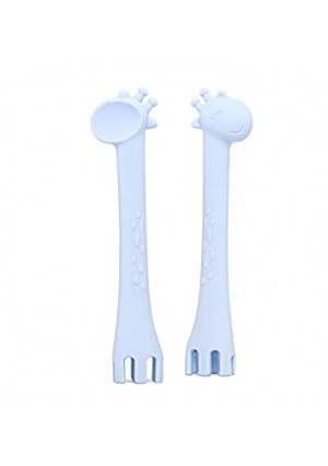 Mad | 3 in 1 Giraffe Silicone Safety Feeding Spoon, Fork, and Teether | Self-Soothing Giraffe Teether for Babies, Infants, Toddlers, Girls or Boys | BPA Free | 0- 36 Months (Blue)