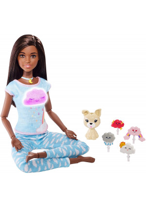 Barbie Breathe with Me Meditation Doll, Brunette, with 5 Lights and Guided Meditation Exercises, Puppy and 4 Emoji Accessories, Gift for Kids 3 to 8 Years Old