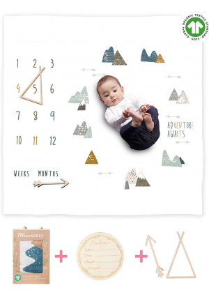 Organic Baby Monthly Milestone Blanket Newborn Boy Girl Unisex Neutral| Boho Mountain Nursery Baby Month Picture Blanket| Baby Growth Photography Background Prop| Markers Wood Birth Announcement Card