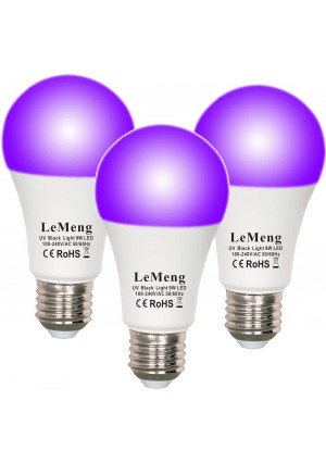LeMeng LED Black Lights Bulb 9W Blacklight A19(75Watt Equivalent), E26 Medium Base 120V, UVA Level 395-400nm, Glow in The Dark for Blacklights Party, Body Paint, Fluorescent Poster- 3 Pack