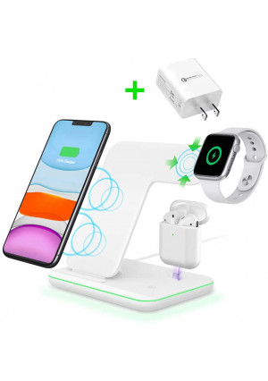 Intoval Wireless Charger,3 in 1 Wireless Charging Station for Apple Watch/Airpods,Qi Certified Wireless Charging Stand for iPhone 11/11 Pro/XS Max/XS XR All Qi-Enabled Phones.(with AC Adapter)