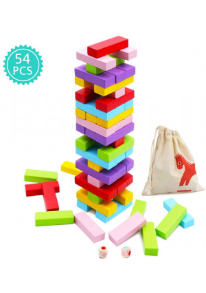 Wooden Stacking Board Games 54 Pieces for Kids Adult and Families, Gentle Monster Wooden Blocks Toys for Toddlers, Colored Building Blocks - 6 Colors 2 Dice