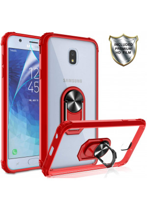 Galaxy J7 Refine/J7 Star/J7 Crown/J7V 2nd Gen/J7 Top/J7 Aura/J7 Aero Case with HD Screen Protector, Gritup Crystal Clear Hard PC TPU Phone Case with Ring Car Mount Kickstand for Samsung J7 2018 Red