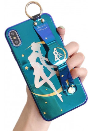 for iPhone 6 Plus Case 6s Plus Cover, Japan Anime Sailor Moon Case with Wrist Stand Holder Silicone Soft Phone Case Back Cover for iPhone Xs Max XR 6S 7 8 Plus (Deep Blue, for iPhone 6 Plus/6s Plus)