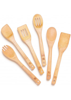 Riveira Wooden Spoons for Cooking 6-Piece Bamboo Utensil Set Apartment Essentials Wood Spatula Spoon Nonstick Kitchen Utensil Set Premium Quality Housewarming Gifts Wooden Utensils for Everyday Use