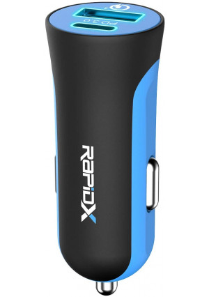 RapidX X2PD Compact and Fast Dual Car Charger with 30W USB-C PD - Blue, Model: None